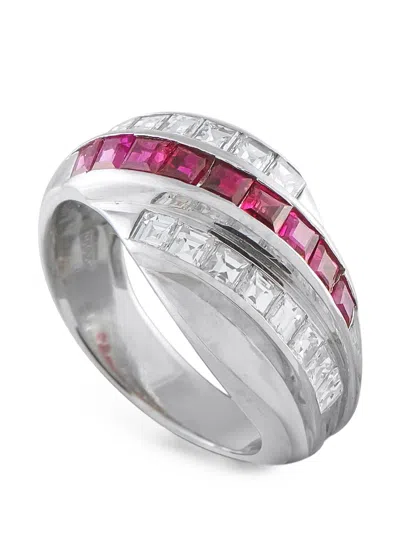Pre-owned Lb Exclusive Ruby And Diamond Crossover Ring In Silver