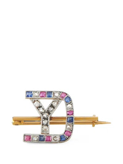 Pre-owned Lb Exclusive Ruby Sapphire And Diamond Brooch In Gold