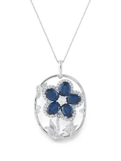 Pre-owned Lb Exclusive Sapphire And Diamond Flower-pendant Necklace In Silver