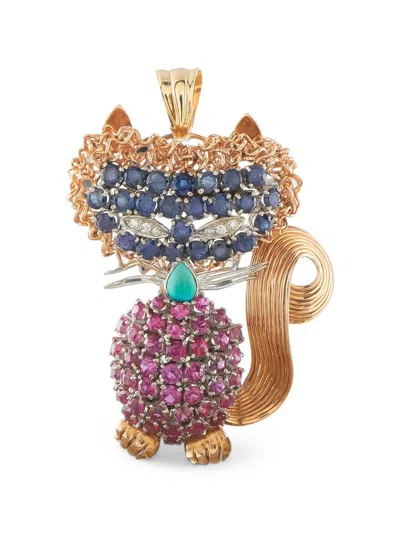 Pre-owned Lb Exclusive Sapphire And Ruby Cat Brooch In Gold
