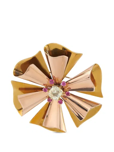 Pre-owned Lb Exclusive Sapphire Ruby Floral Brooch In Gold