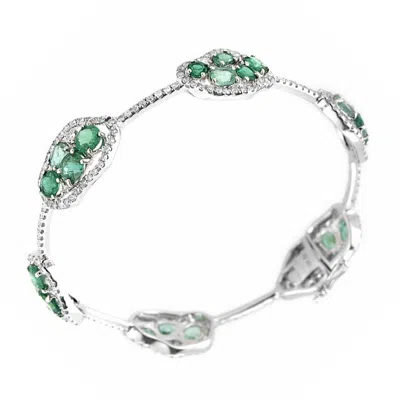 Lb Exclusive Single Row 18k White Gold Diamond And Emerald Bangle In Metallic