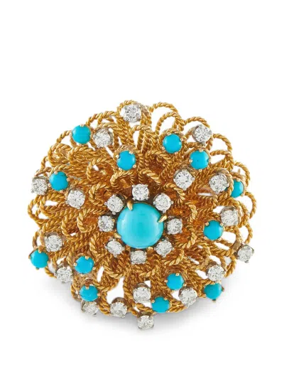 Pre-owned Lb Exclusive Turquoise And Diamond Brooch In Gold