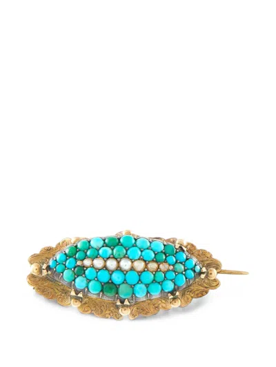 Pre-owned Lb Exclusive Turquoise And Pearl Brooch In Gold