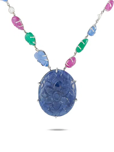 Pre-owned Lb Exclusive Tutti Frutti Diamond, Sapphire, Emerald, And Ruby Necklace In Silver