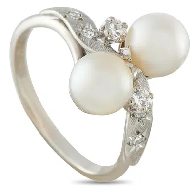 Lb Exclusive Vintage 18k White Gold 0.16ct Diamond And Pearl Bypass Ring Mf04-062625