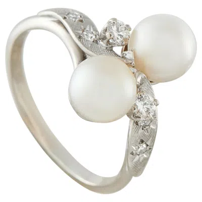 Pre-owned Lb Exclusive Vintage 18k White Gold 0.16ct Diamond And Pearl Bypass Ring Mf04-062625