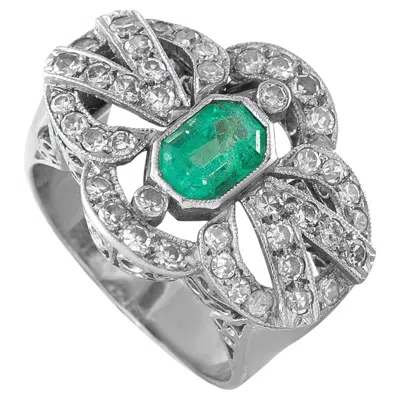 Pre-owned Lb Exclusive Vintage 18k White Gold 0.84ct Diamond And Emerald Ring Mf04-063026