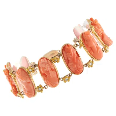 Pre-owned Lb Exclusive Vintage 18k Yellow Gold 0.60ct Diamond And Coral Cameo Bracelet Mf06-050726