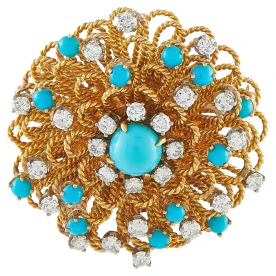 Pre-owned Lb Exclusive Vintage 18k Yellow Gold 1.58ct Diamond And Turquoise Brooch Mf01-061826