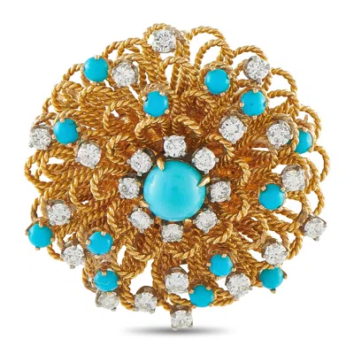 Lb Exclusive Vintage 18k Yellow Gold 1.58ct Diamond And Turquoise Brooch Mf01-061826 In Blue