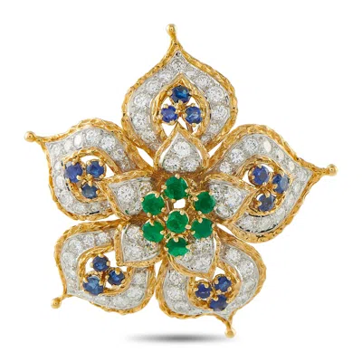 Lb Exclusive Vintage 18k Yellow Gold 6.0ct Diamond, Emerald, And Sapphire Brooch Mf02-061826 In Blue