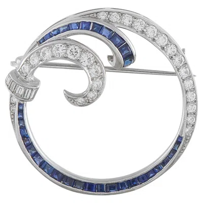 Pre-owned Lb Exclusive Vintage Platinum 1.0ct Diamond And Sapphire Brooch Mf26-062526 In Blue