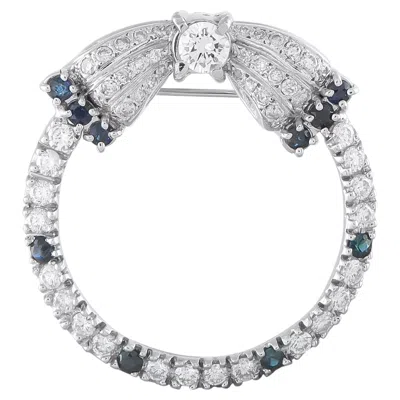Pre-owned Lb Exclusive Vintage Platinum 1.50ct Diamond And Sapphire Open Circle Bow Brooch Mf01-062426 In Blue