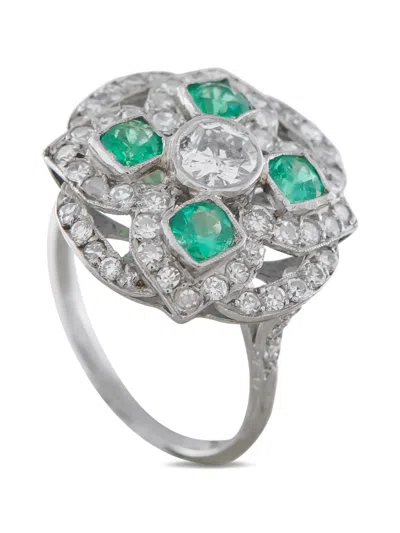 Pre-owned Lb Exclusive Wide-band Diamond And Emerald Ring In Silver