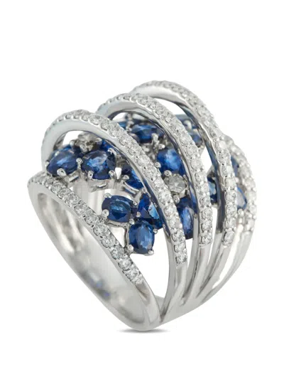 Pre-owned Lb Exclusive Wide-band Diamond And Sapphire Ring In Silver