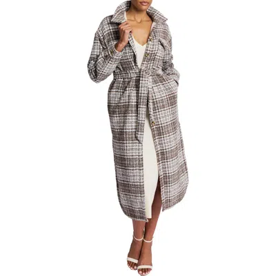 Lblc The Label Hayley Plaid Belted Long Coat In Gray