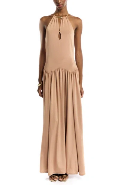 Lblc The Label Santorini Halter Slit Maxi Dress In Brown