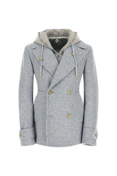 L.b.m 1911 Light Grey Peacoat With Hood In Blue