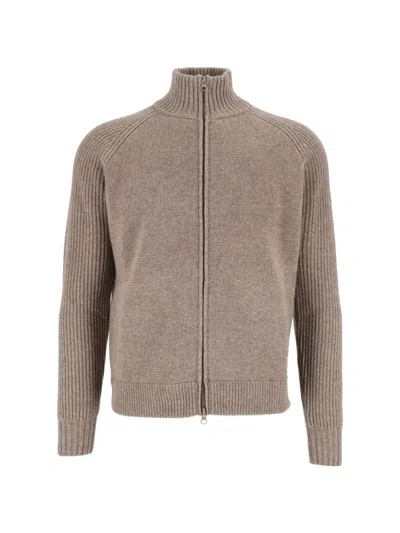 L.b.m 1911 Ribbed-knit Zip-up Sweater In Brown