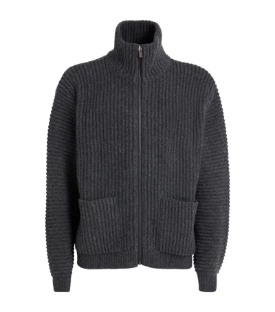 Le 17 Septembre Merino Wool-blend Ribbed High-neck Cardigan In Grey