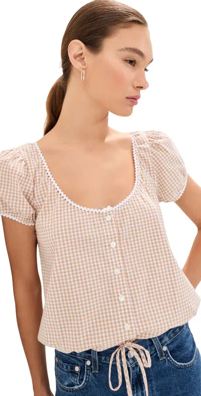 Le Bop Babydoll Blouse Khaki Gingham In Neutral