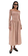 Le Bop Colette Mixed Fabric Off Shoulder Dress Latte