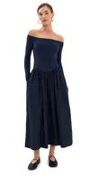Le Bop Colette Mixed Fabric Off Shoulder Dress Navy In Navy