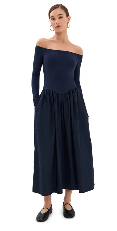Le Bop Colette Mixed Fabric Off Shoulder Dress Navy