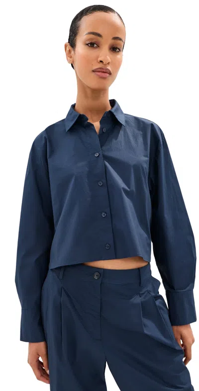 Le Bop Felicity Boxy Cropped Poplin Button Down Shirt Navy In Blue