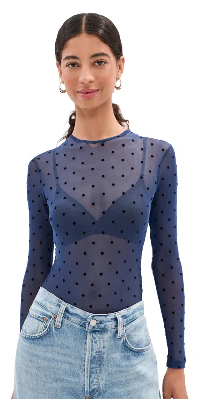 Le Bop Hannah Polka-dot Thong Bodysuit Navy Flocked Polka Dot In Blue