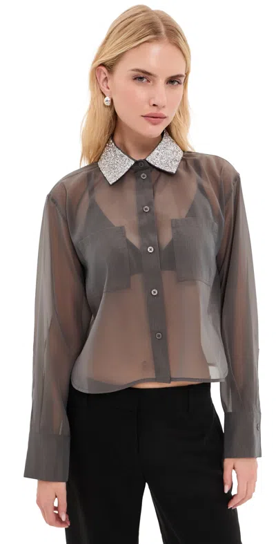 Le Bop Organza Cropped Buttondown With Embellished Collar Iron Grey In Multi