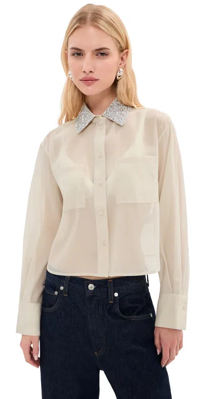 Le Bop Organza Cropped Buttondown With Embellished Collar Ivory In Multi