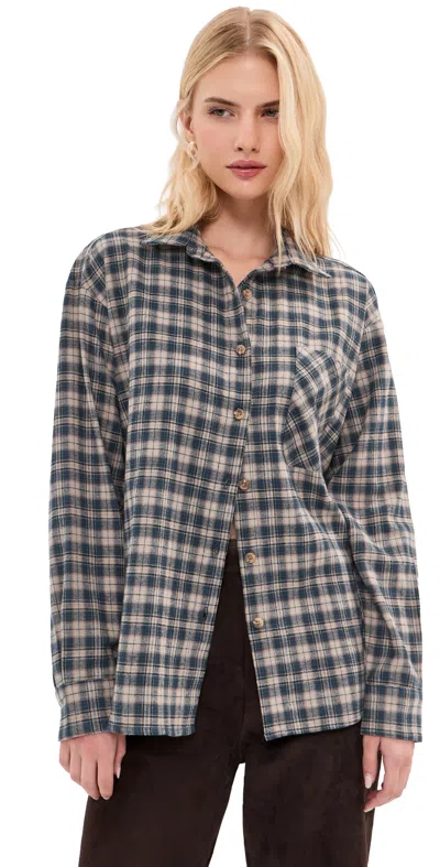 Le Bop Winnie Button Down Flannel Heather Grey Plaid In Blue