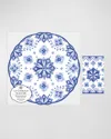 Le Cadeaux Scalloped Paper Charger 15" Placemat (pack Of 20) With Guest Towels (pack Of 15) In Blue, White