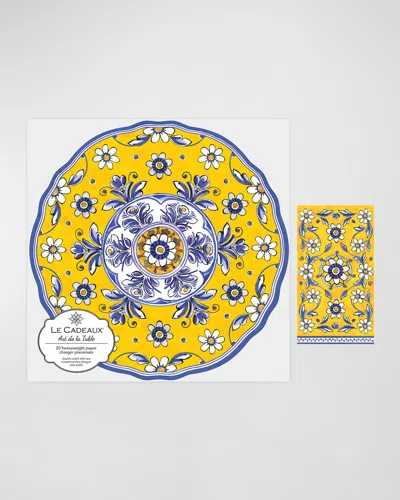 Le Cadeaux Scalloped Paper Charger 15" Placemat (pack Of 20) With Guest Towels (pack Of 15) In Blue, Yellow