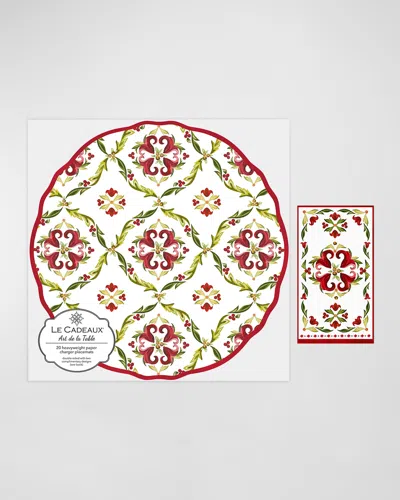 Le Cadeaux Scalloped Paper Charger 15" Placemat (pack Of 20) With Guest Towels (pack Of 15) In Red, Green, White