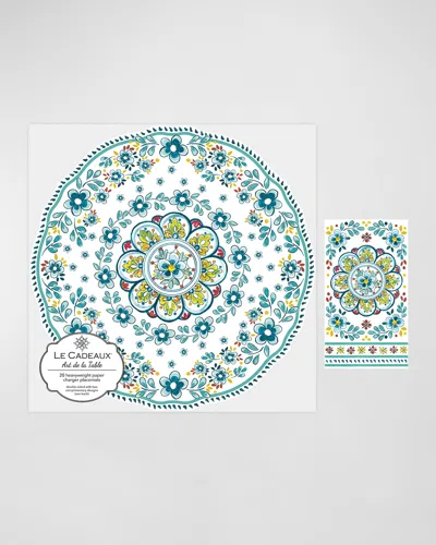 Le Cadeaux Scalloped Paper Charger 15" Placemat (pack Of 20) With Guest Towels (pack Of 15) In Turquoise, Yellow