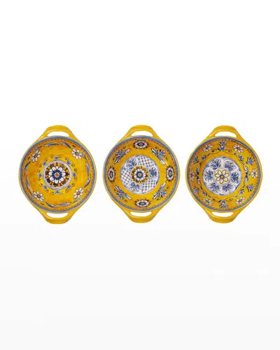 Le Cadeaux Set Of 3 Mini Handled Bowls 6" Assorted Patterns In Benidorm