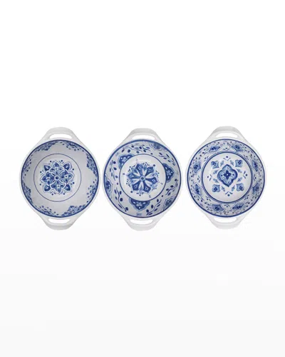 Le Cadeaux Set Of 3 Mini Handled Bowls 6" Assorted Patterns In Moroccan Blue