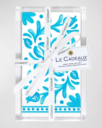 Le Cadeaux Sicily Guest Towel Gift Set In Acrylic Holder In Cream, Teal