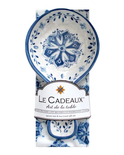 Le Cadeaux Spoon Rest With Matching Tea Towel Set In Moroccan Blue