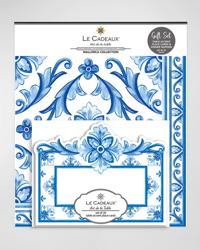 Le Cadeaux Table Accent Place Cards And Dinner Napkins Gift Set In White, Blue