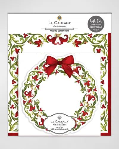 Le Cadeaux Table Accent Place Cards And Dinner Napkins Gift Set In White, Red, Green