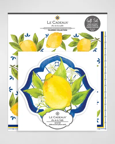 Le Cadeaux Table Accent Place Cards And Dinner Napkins Gift Set In Yellow, White, Blue