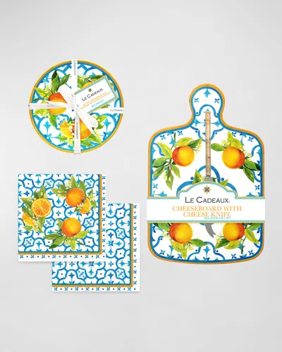 Le Cadeaux Valencia Cheeseboard Set With Knife, 4-piece Appetizer Plates, And 20-pack Cocktail Napkins In Cream, Blue, Orange
