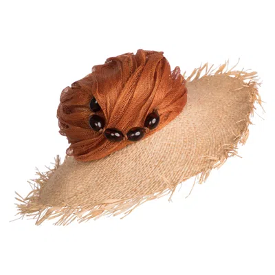 Pre-owned Le Chapeau Raffia Tulle Beaded Sun Hat In Sand