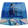 Le Club Resortwear 4.25" Le Club 4 Way Stretch Mens Swim Trunk In Blue/gold