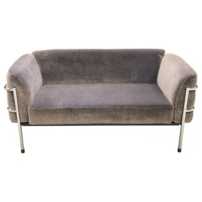 Pre-owned Le Corbusier Style Lc2 Settee In Charcoal Velvet And Tubular Chrome Frame In Black