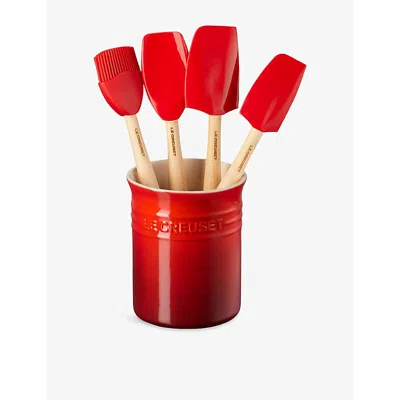 Le Creuset Ise Craft Stoneware Utensil Jar And Set Of Four Silicone Spatulas In Pink